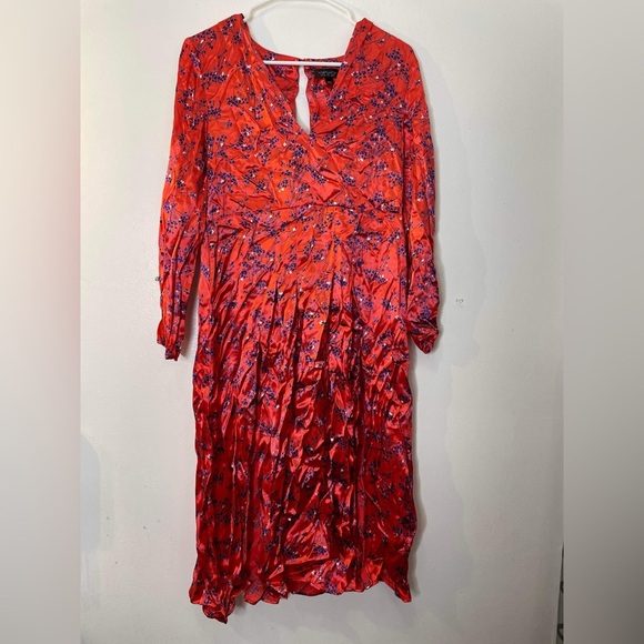 Topshop Women's Satin Floral Red Midi 2 Front Slits Split Back Neckline size 6 - Picture 4 of 9